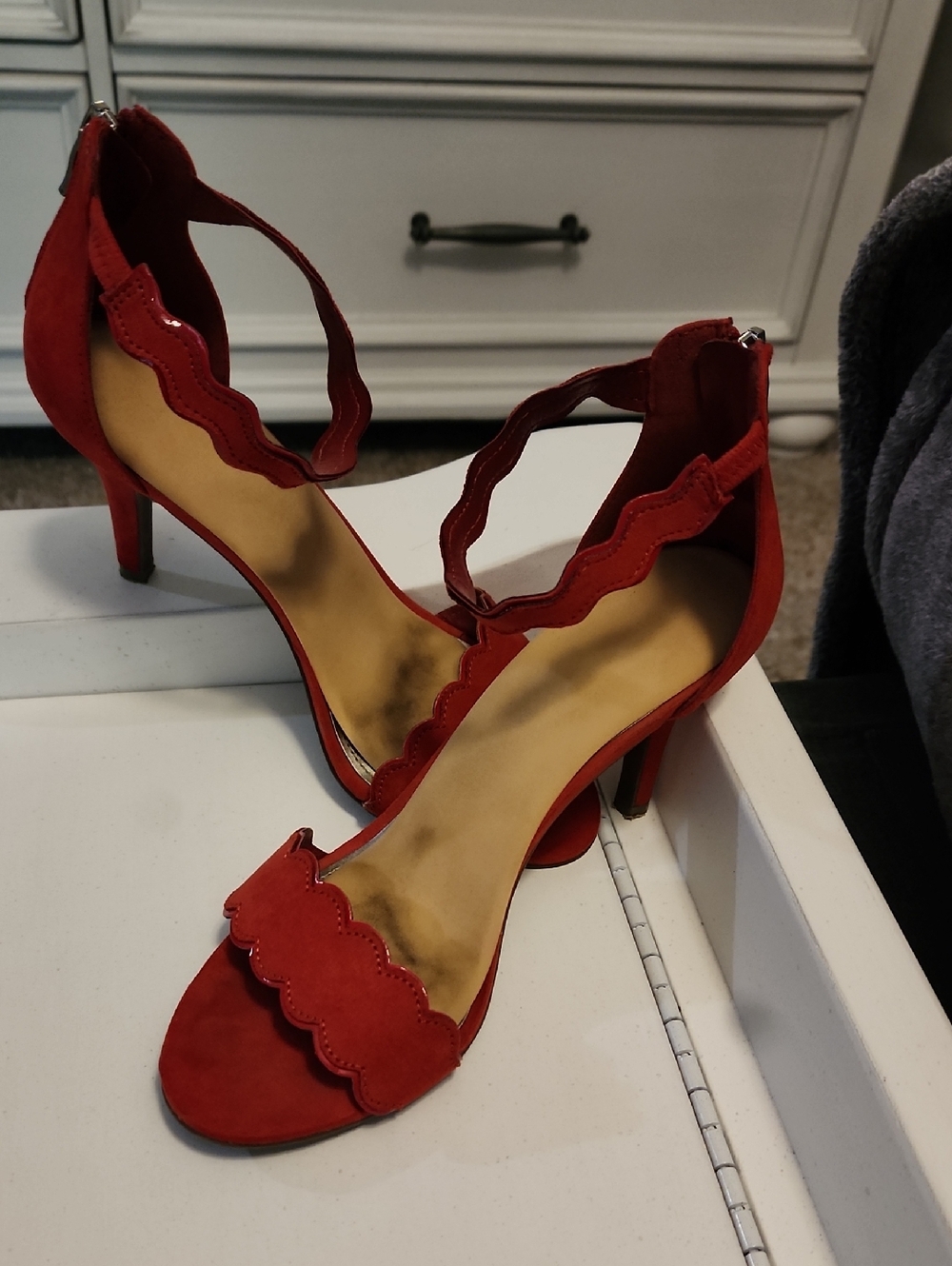 Red Scalloped Ankle-Strap Women's Heels